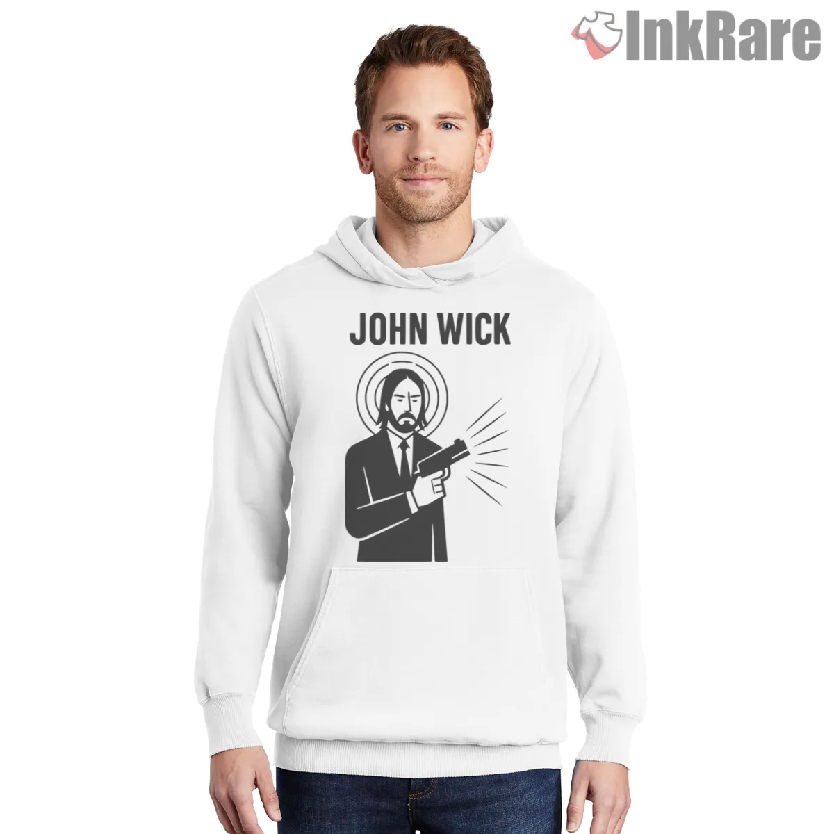 Saint John Wick Halo Icon Shirt on white hoodie for men graphic tee
