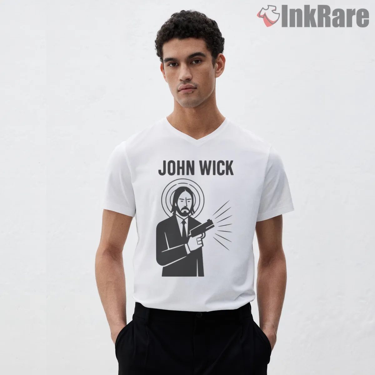 Saint John Wick Halo Icon V Neck White Saint John Wick Halo Icon Shirt on white v-neck shirt for men graphic tee