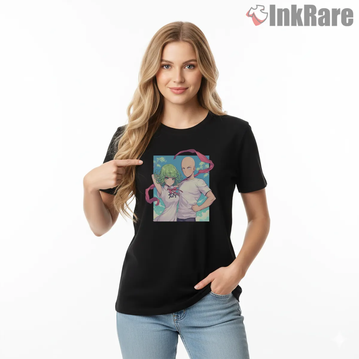 Saitama And Tatsumaki Anime Duo Shirt on black short sleeve shirt for women graphic tee