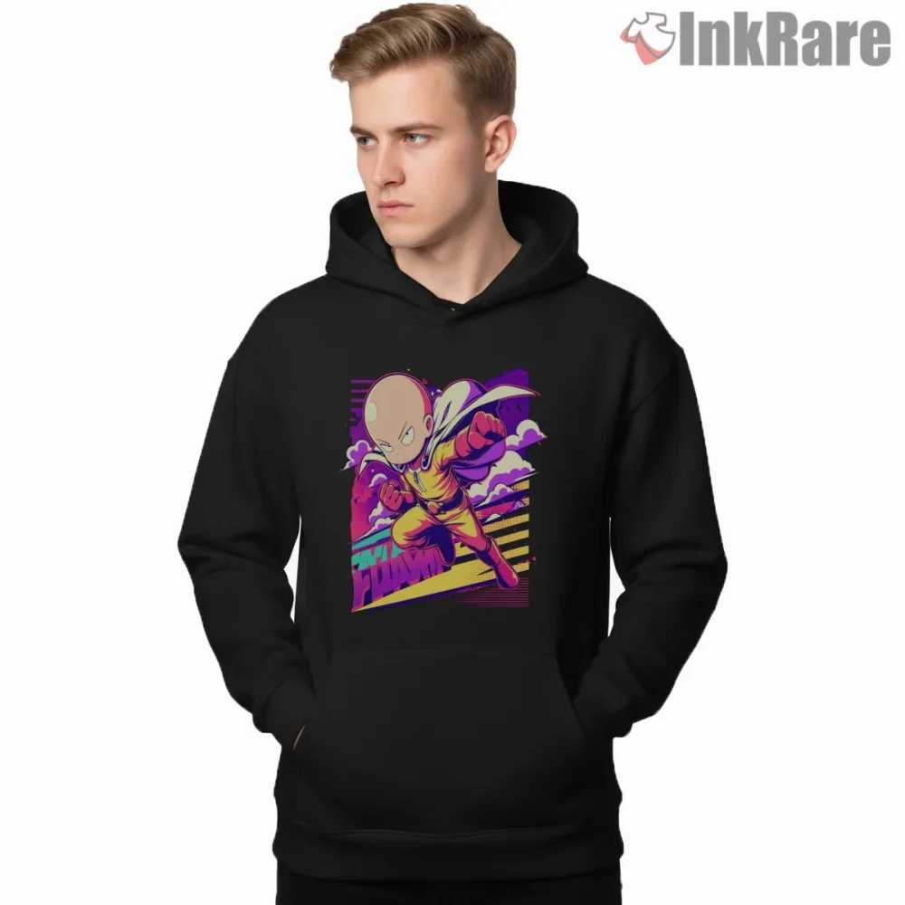 Saitama Chibi Punch Retro Anime Shirt on black hoodie for men graphic tee