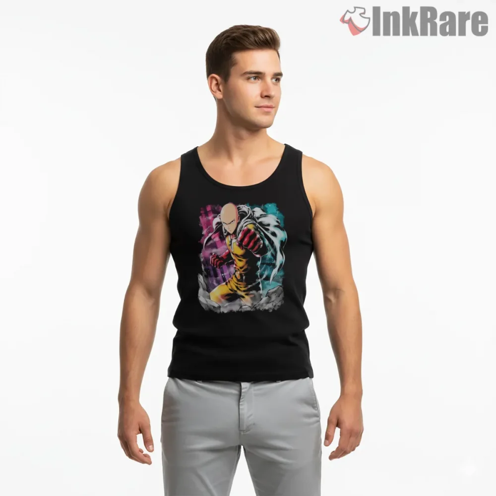 Saitama Cosmic Energy Punch Anime Shirt on black tank top for men graphic tee