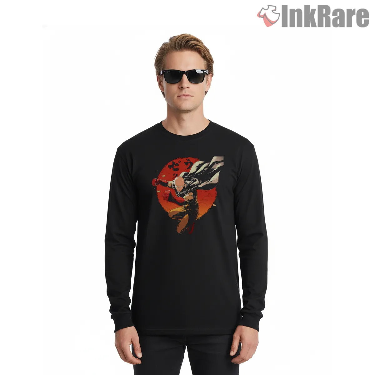 Saitama Crimson Moon Punch Anime Long Sleeve Black Saitama Crimson Moon Punch Anime Shirt on black long sleeve shirt for men graphic tee