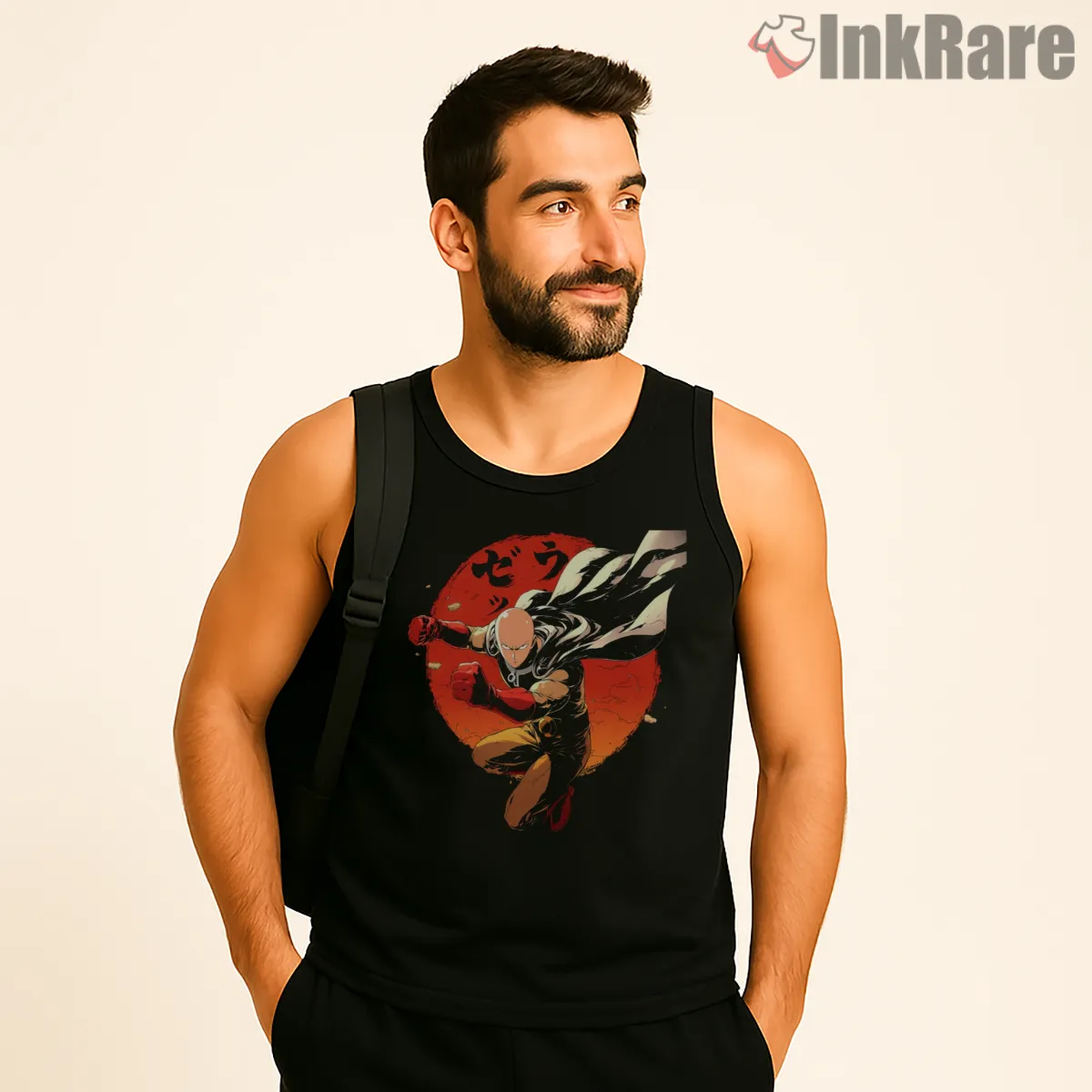 Saitama Crimson Moon Punch Anime Shirt on black tank top for men graphic tee