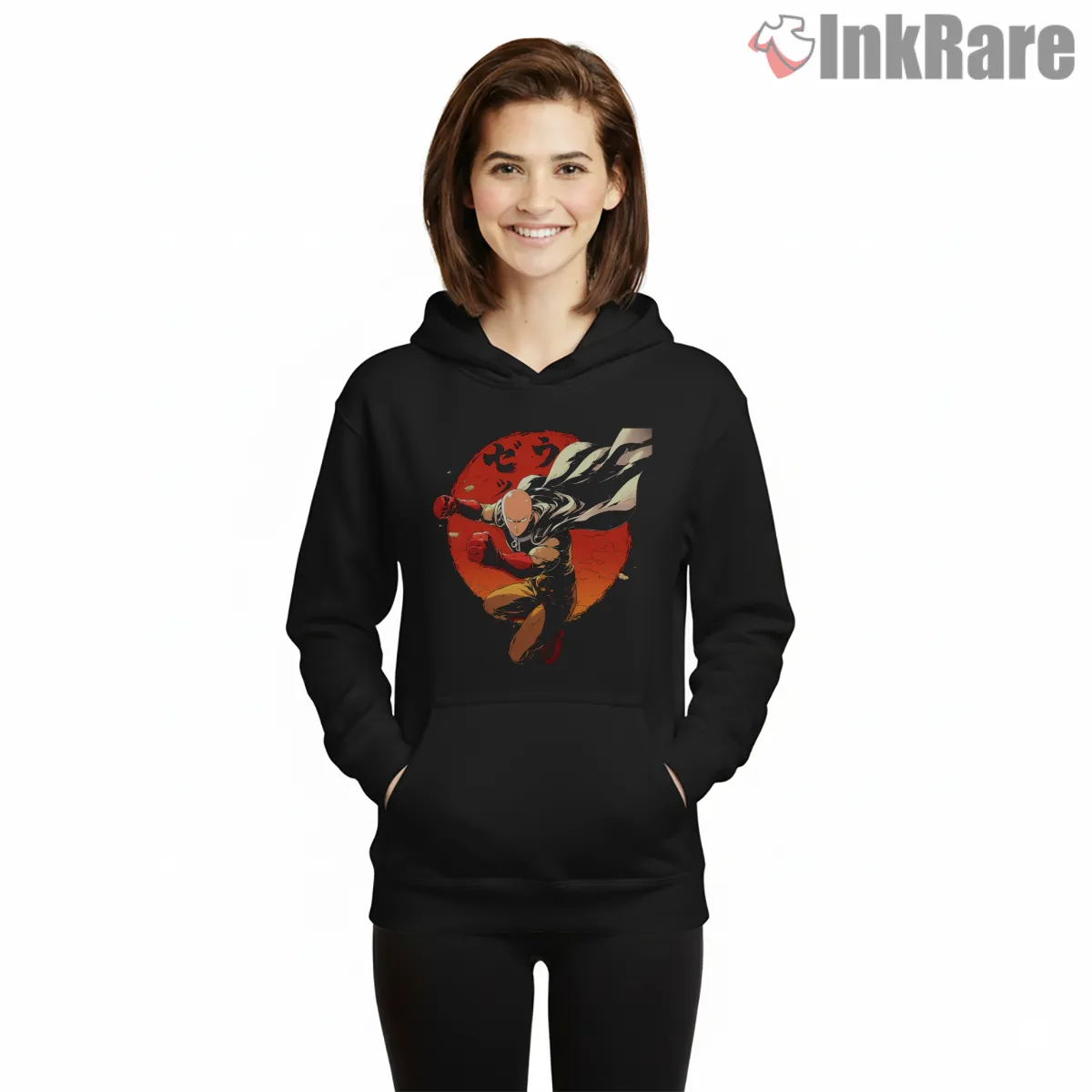 Saitama Crimson Moon Punch Anime Hoodie Black Saitama Crimson Moon Punch Anime Shirt on black hoodie for women graphic tee