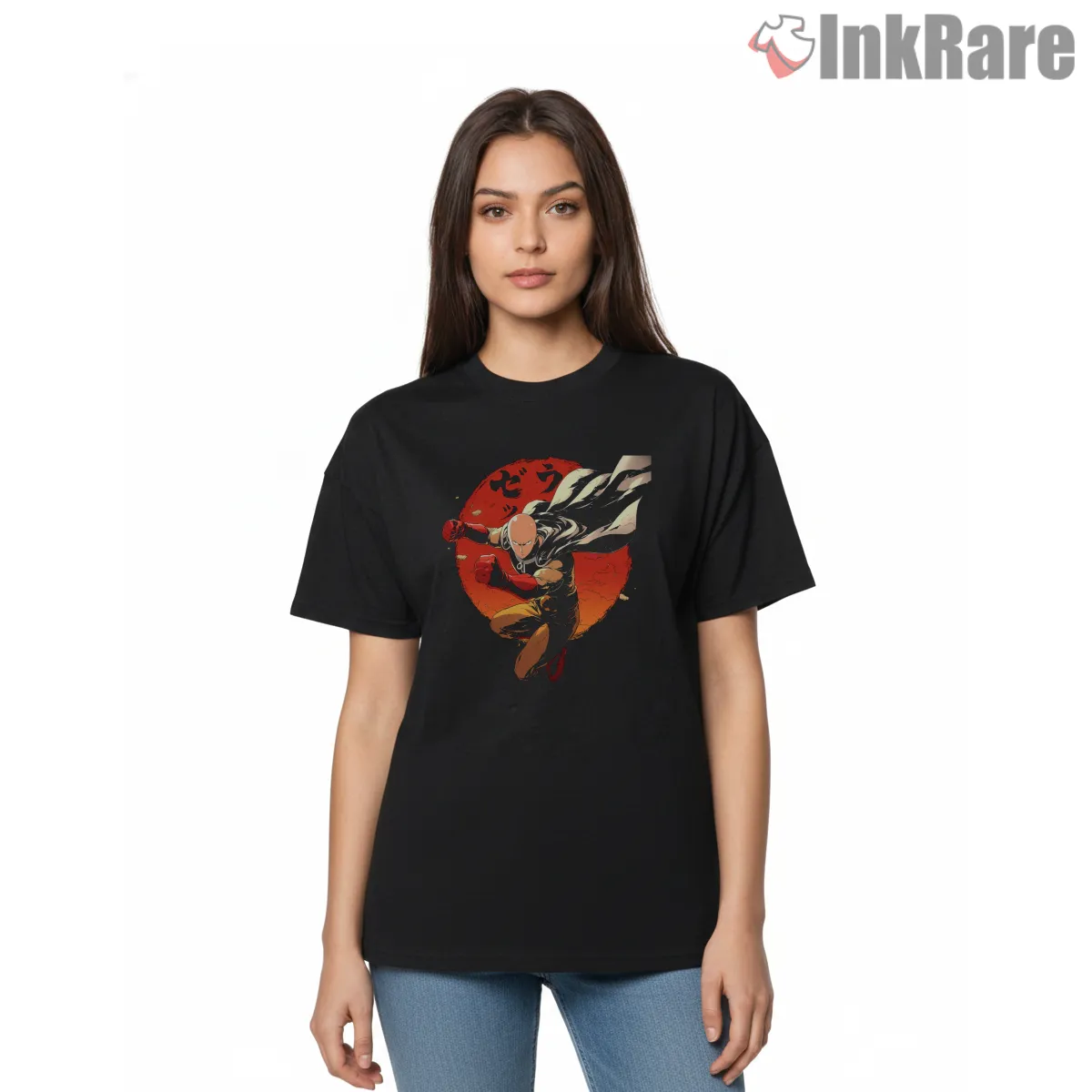 Saitama Crimson Moon Punch Anime Short Sleeve Black Saitama Crimson Moon Punch Anime Shirt on black short sleeve shirt for women graphic tee