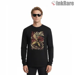Saitama Dynamic Battle Punch Anime Shirt on black long sleeve shirt for men graphic tee