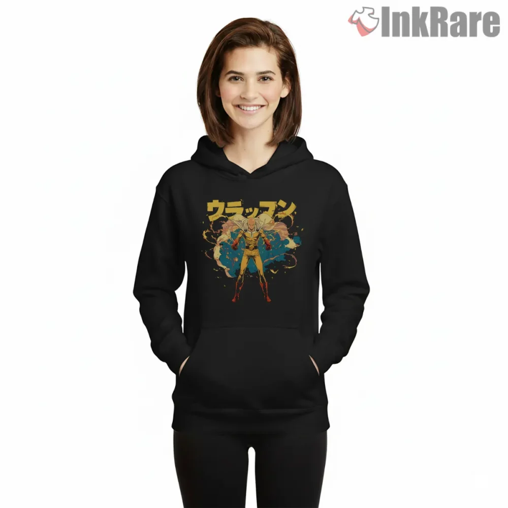 Saitama Explosive Aura Anime Power Shirt on black hoodie for women graphic tee