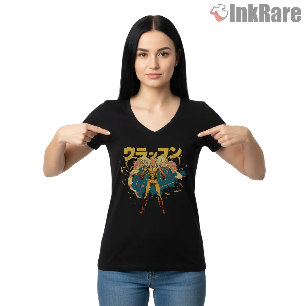 Saitama Explosive Aura Anime Power Shirt on black v-neck shirt for women graphic tee