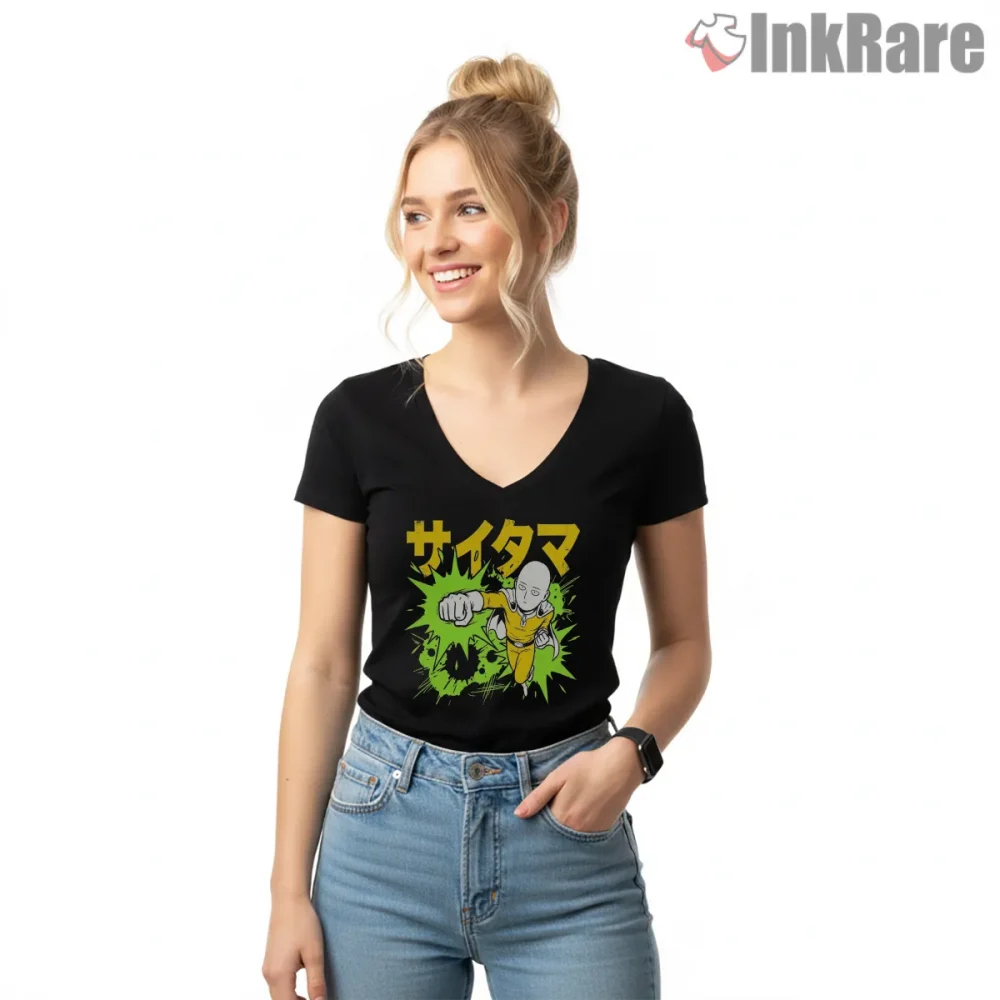 Saitama Flying Punch Impact Anime Shirt on black v-neck shirt for women graphic tee
