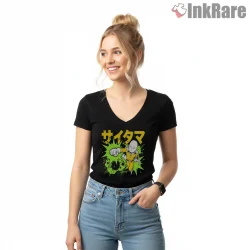 Saitama Flying Punch Impact Anime Shirt on black v-neck shirt for women graphic tee