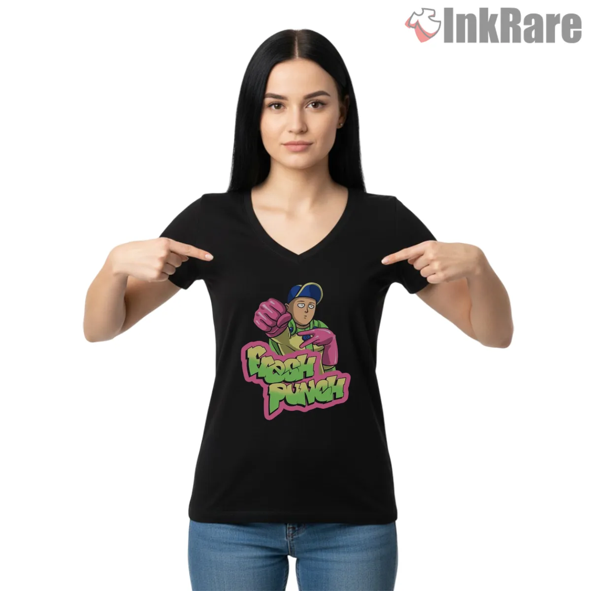 Saitama Fresh Punch Cartoon Style V Neck Black Saitama Fresh Punch Cartoon Style Shirt on black v-neck shirt for women graphic tee