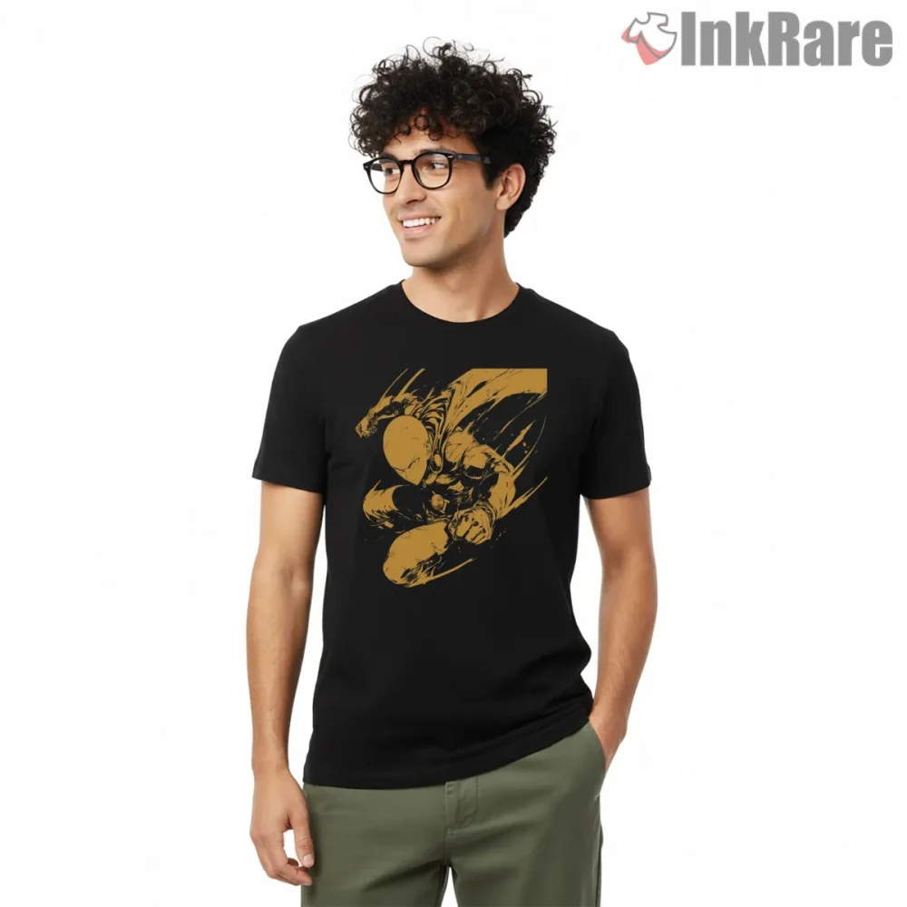Saitama Golden Power Punch Anime Shirt on black short sleeve shirt for men graphic tee