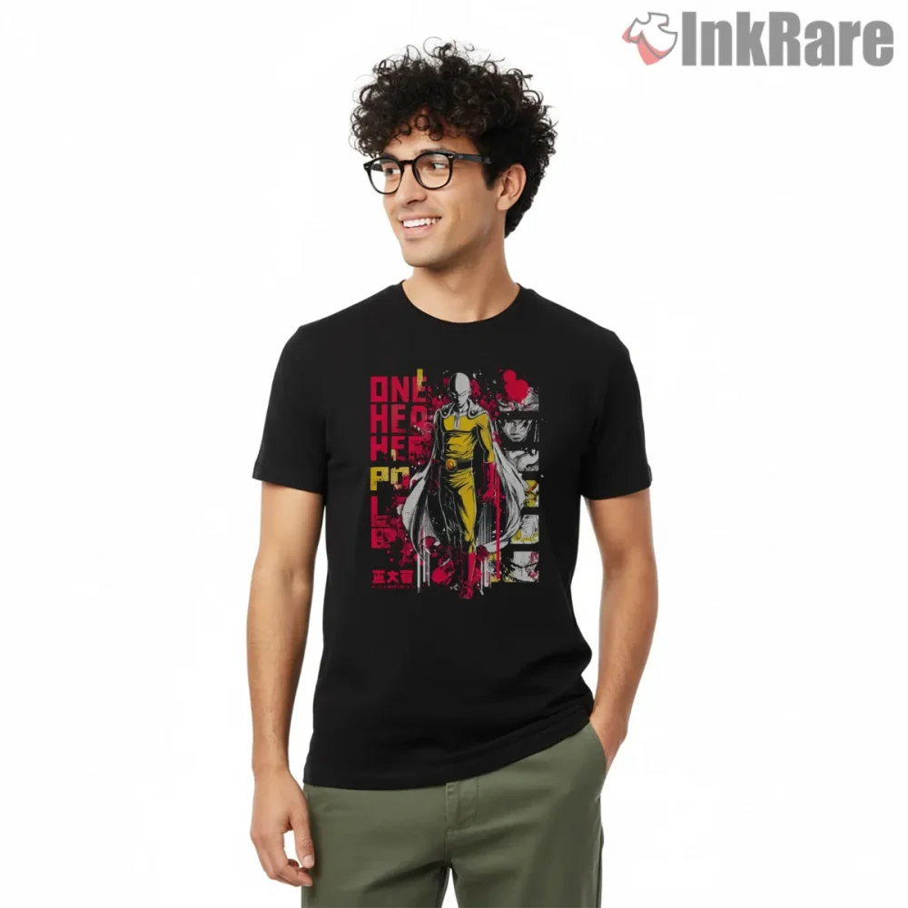 Saitama Gritty Hero Manga Graphic Shirt on black short sleeve shirt for men graphic tee