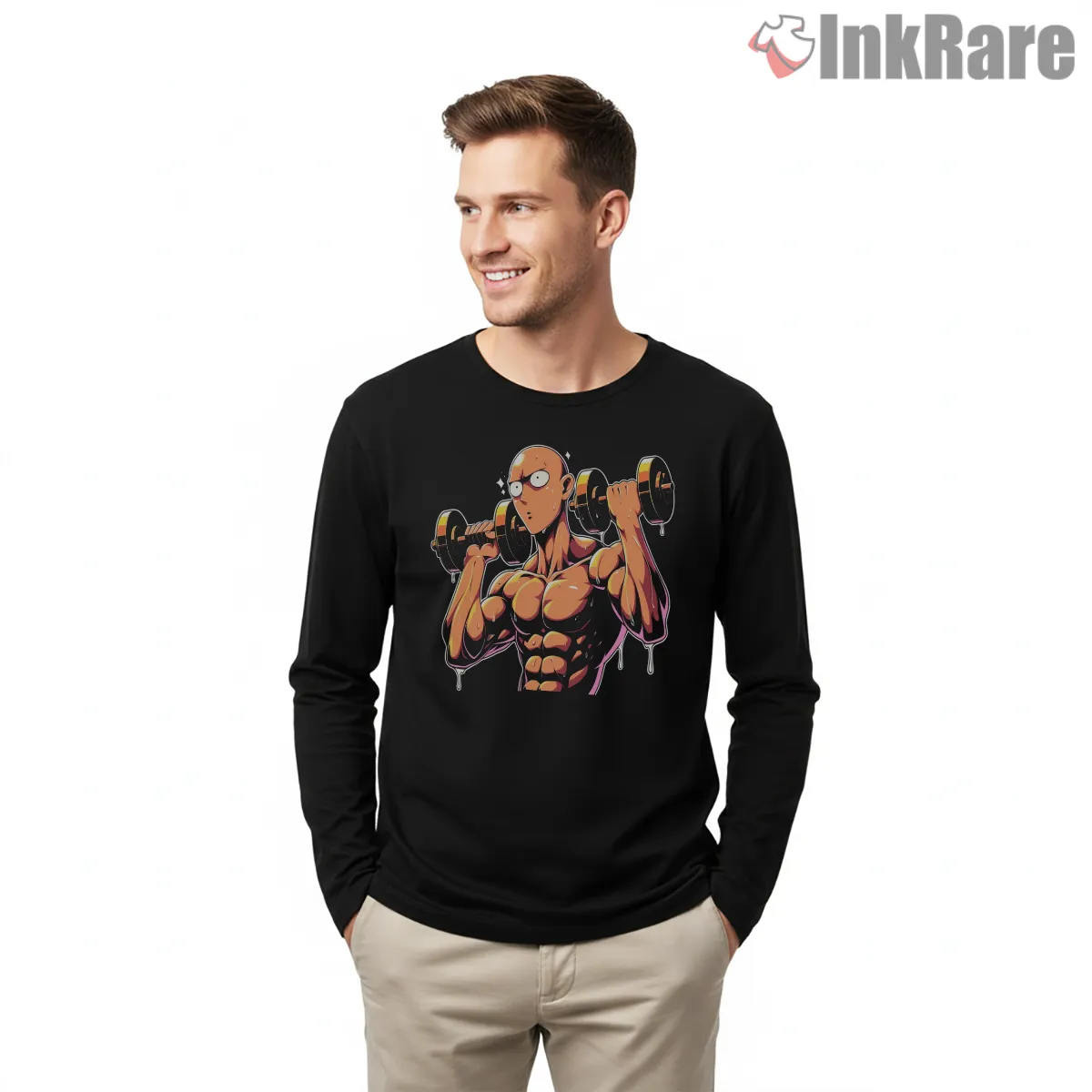 Saitama Gym Workout Hero Anime Shirt on black long sleeve shirt for men graphic tee
