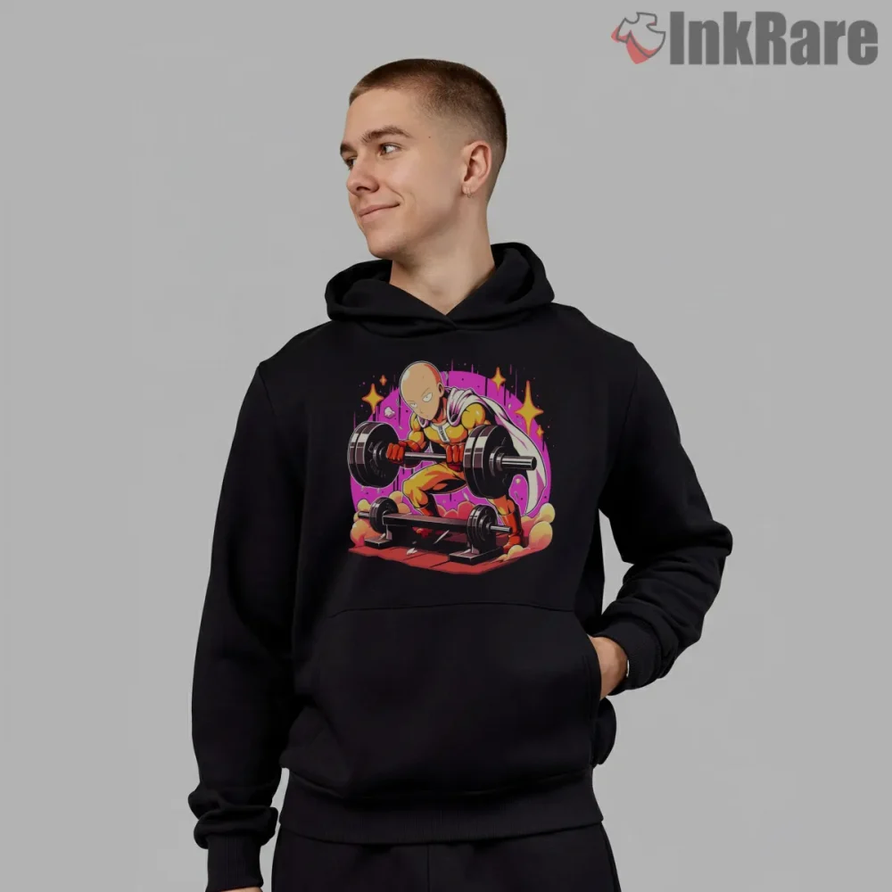 Saitama Heavy Workout Gym Anime Shirt on black hoodie for men graphic tee