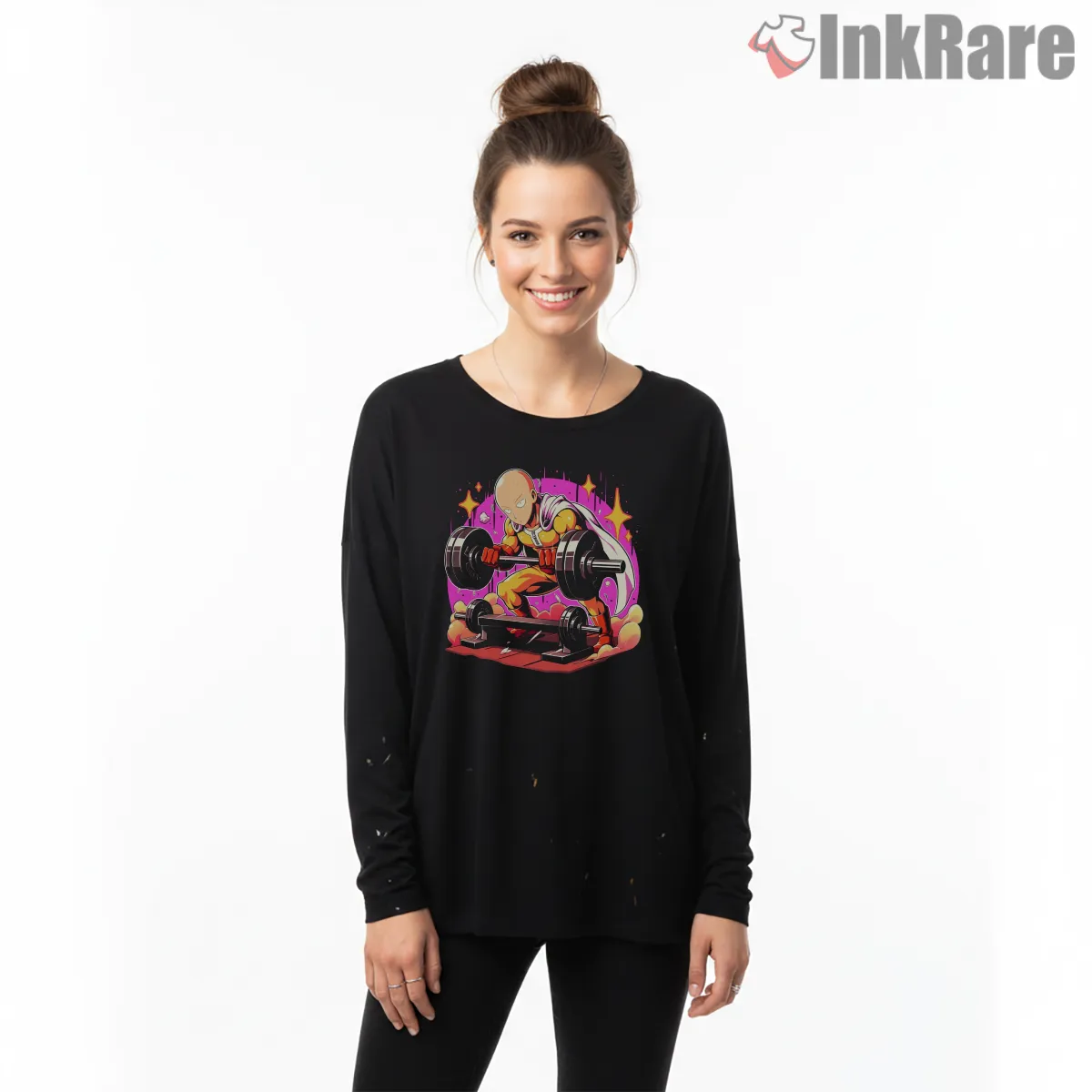 Saitama Heavy Workout Gym Anime Shirt on black long sleeve shirt for women graphic tee
