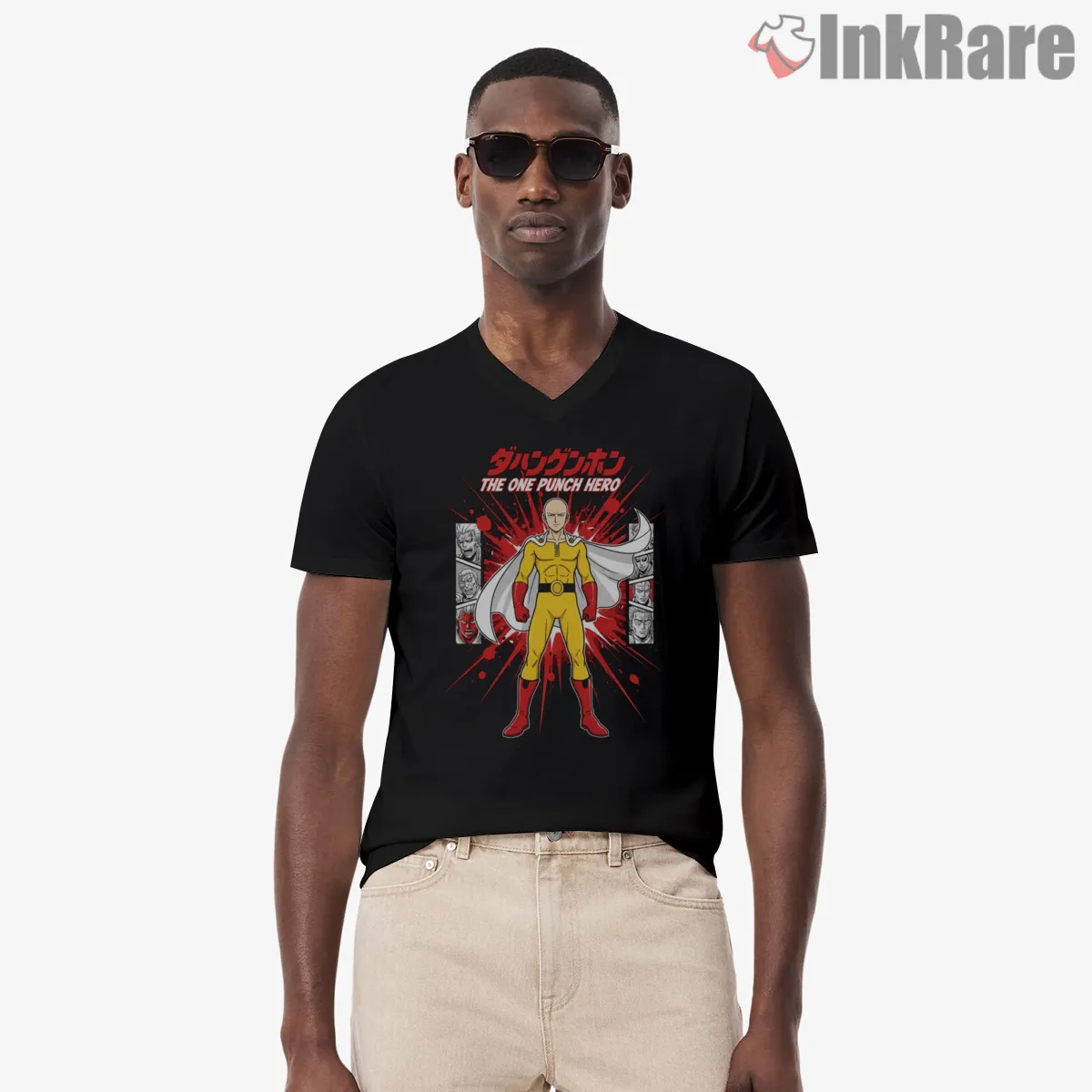 Saitama Hero Association Spotlight Anime Shirt on black v-neck shirt for men graphic tee