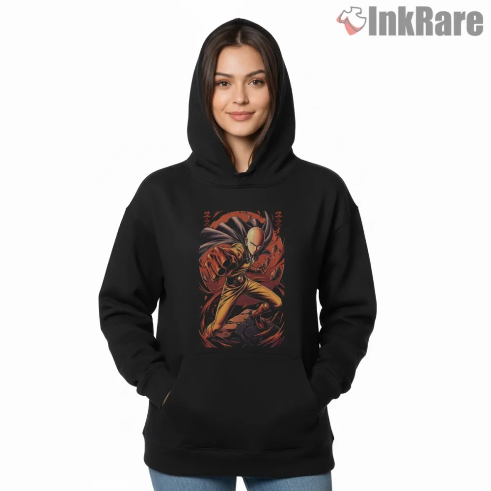 Saitama Hero Punch Battle Anime Shirt on black hoodie for women graphic tee