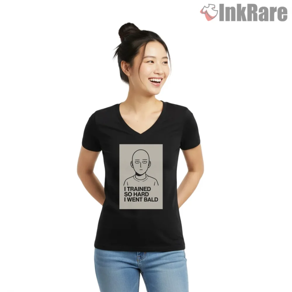 Saitama I Trained So Hard I Went Bald Shirt on black v-neck shirt for women graphic tee