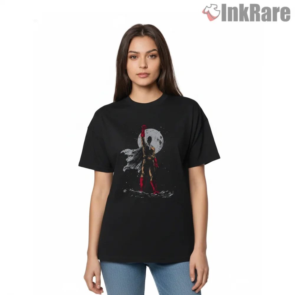 Saitama Lone Hero Moonlight Anime Shirt on black short sleeve shirt for women graphic tee
