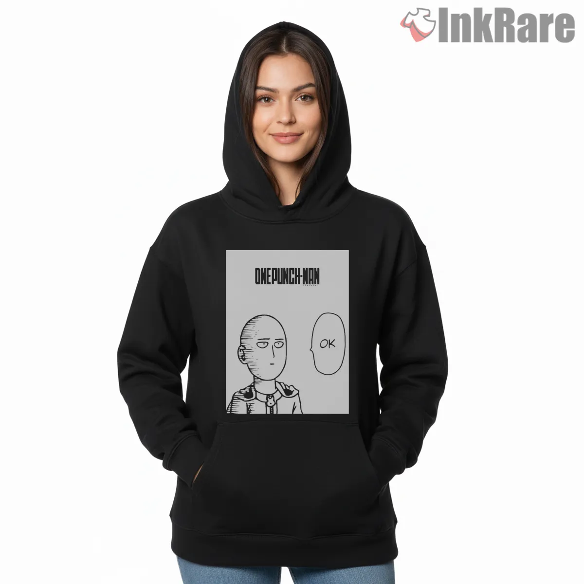 Saitama Ok Reaction Meme Anime Shirt on black hoodie for women graphic tee