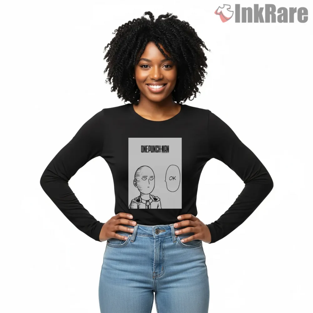 Saitama Ok Reaction Meme Anime Shirt on black long sleeve shirt for women graphic tee