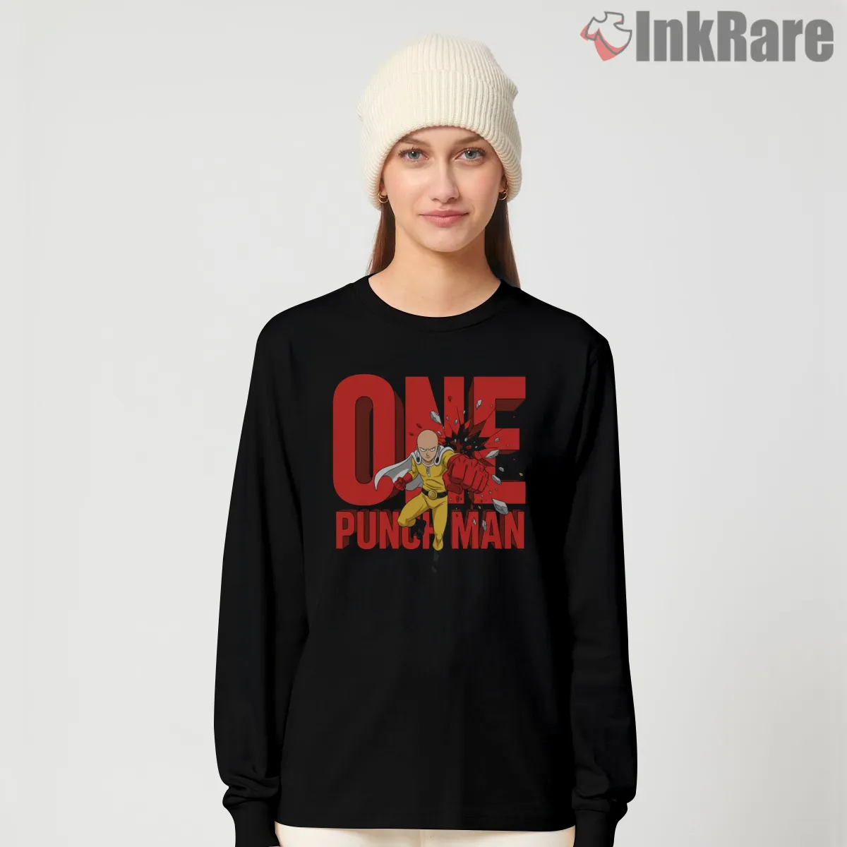 Saitama One Punch Impact Hero Shirt on black long sleeve shirt for women graphic tee