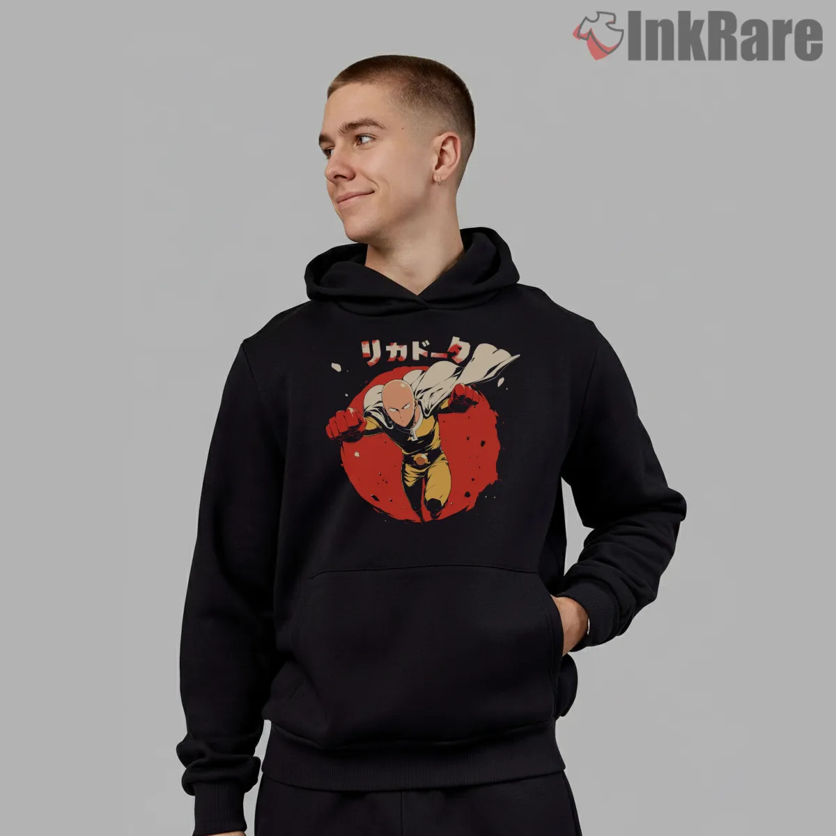 Saitama Red Impact Hero Anime Shirt on black hoodie for men graphic tee