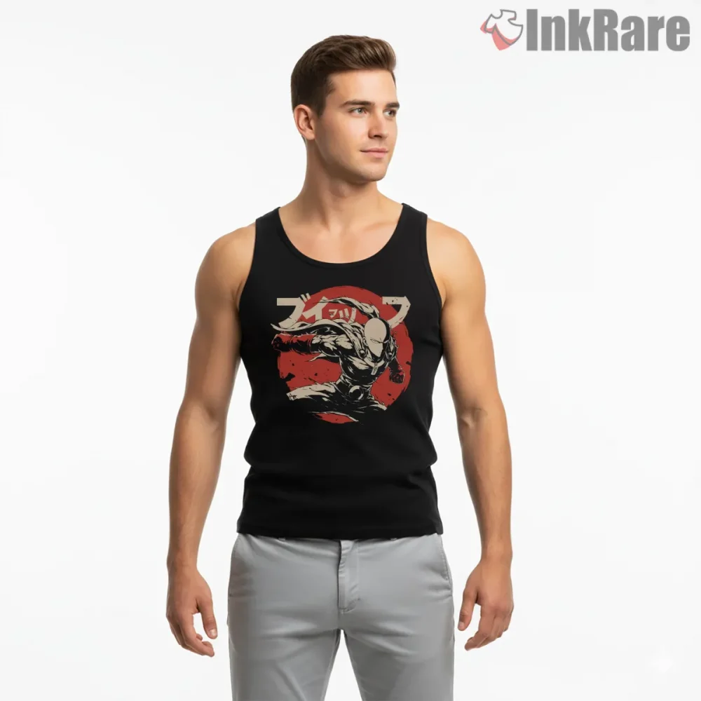 Saitama Red Sun Manga Action Shirt on black tank top for men graphic tee