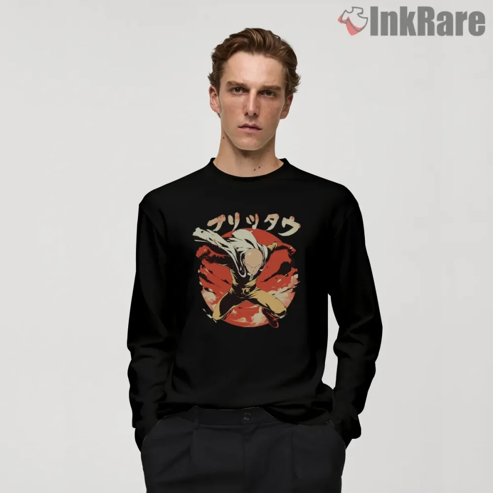 Saitama Red Sun Power Punch Anime Shirt on black long sleeve shirt for men graphic tee