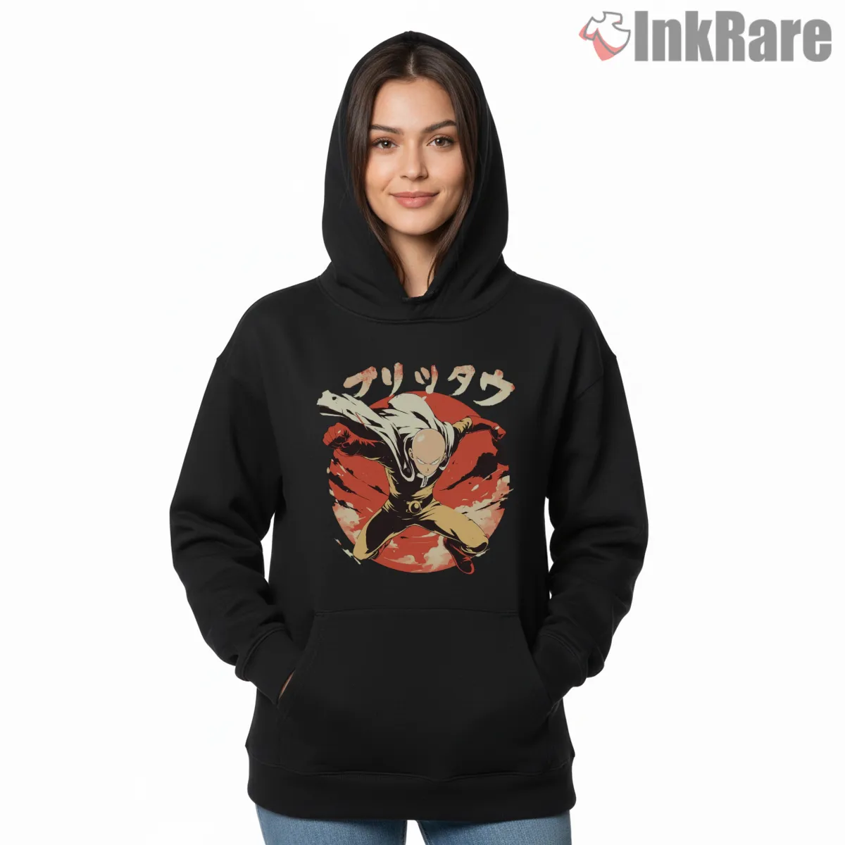 Saitama Red Sun Power Punch Anime Shirt on black hoodie for women graphic tee