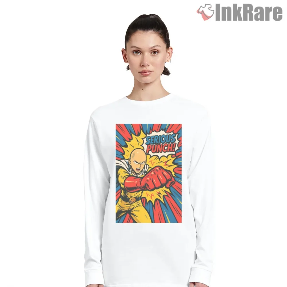 Saitama Serious Punch Comic Explosion Shirt on white long sleeve shirt for women graphic tee