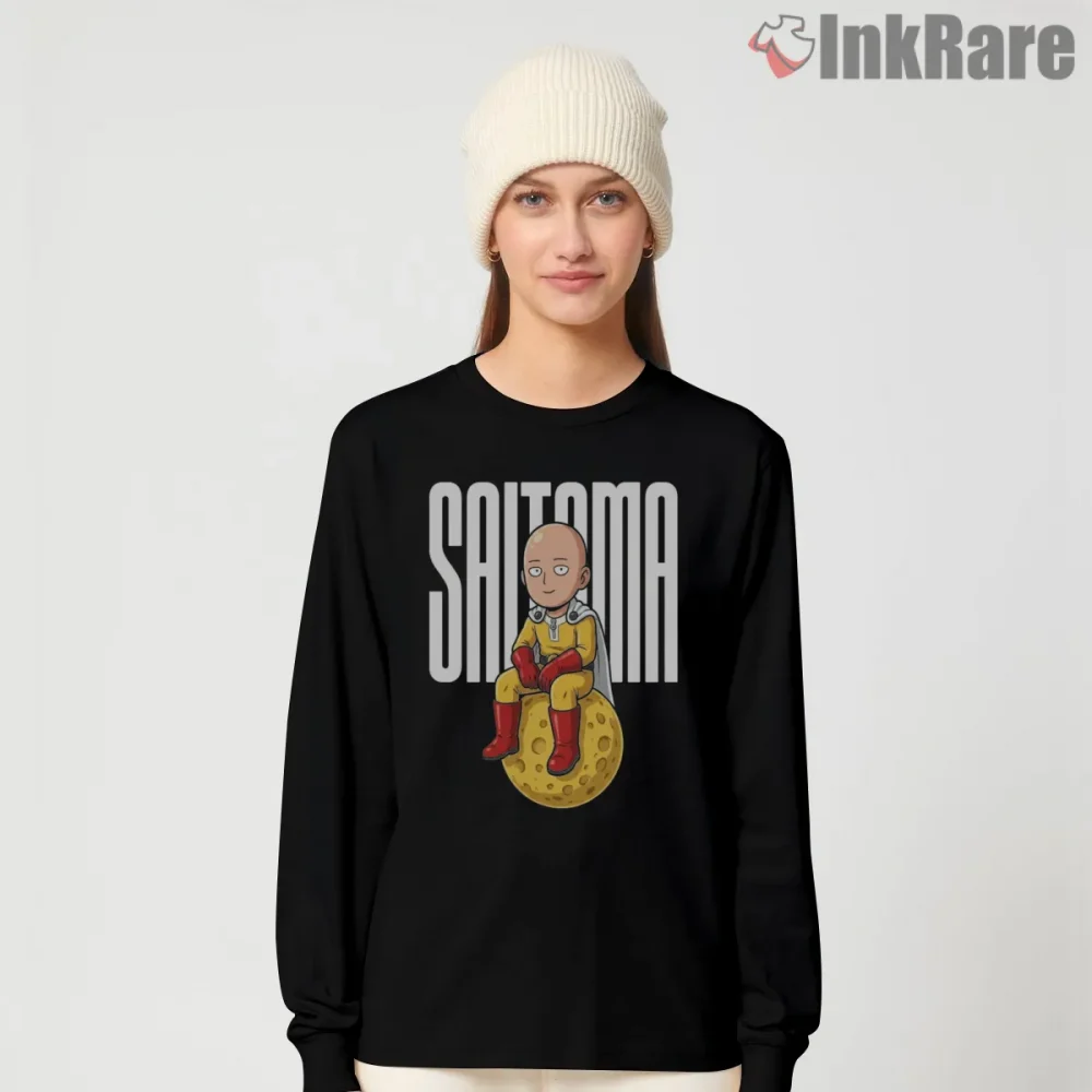 Saitama Sitting On Moon Cute Anime Shirt on black long sleeve shirt for women graphic tee