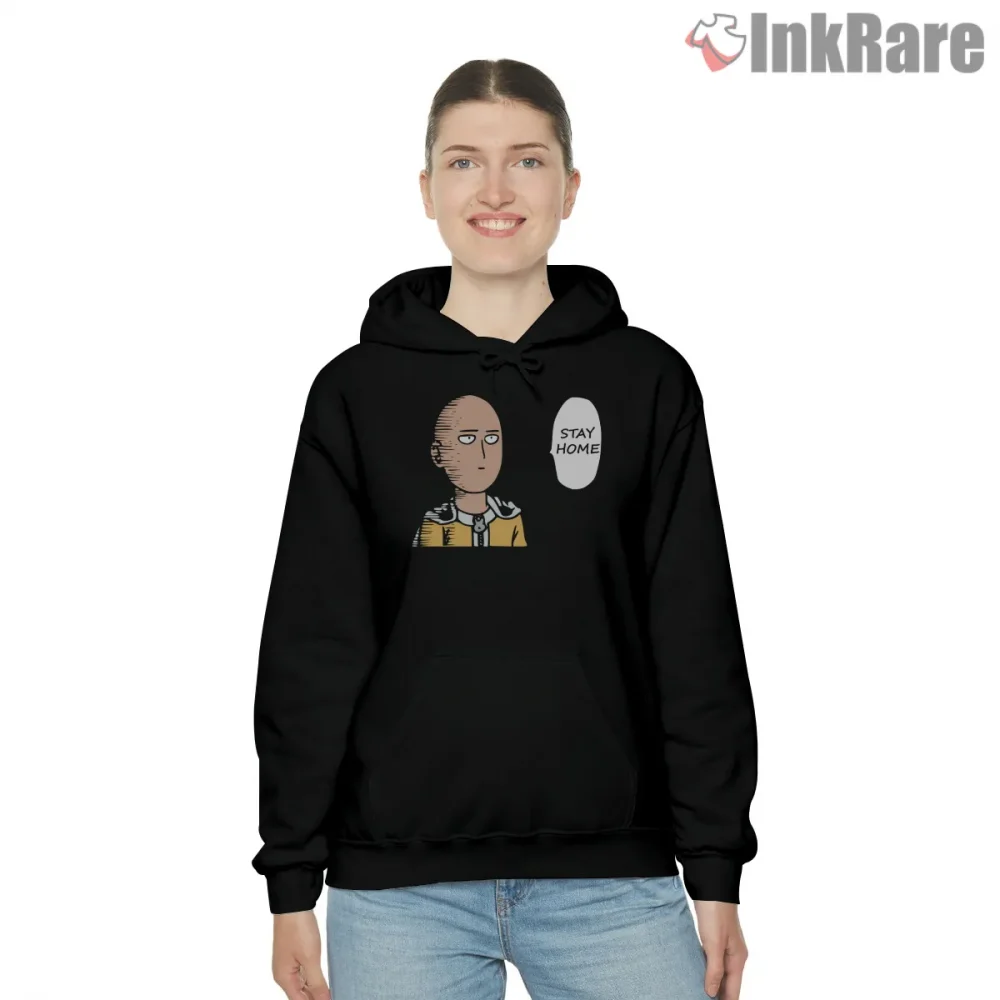 Saitama Stay Home Meme Anime Shirt on black hoodie for women graphic tee