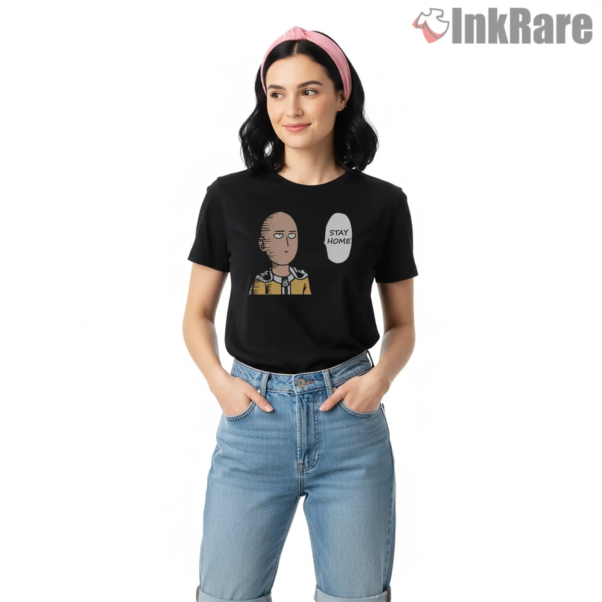 Saitama Stay Home Meme Anime Shirt on black short sleeve shirt for women graphic tee