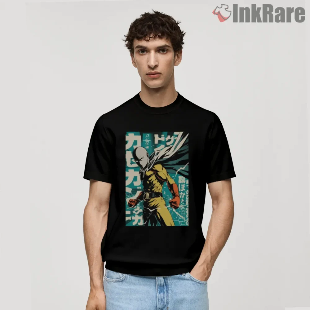 Saitama Vintage Manga Poster Action Shirt on black short sleeve shirt for men graphic tee