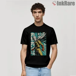 Saitama Vintage Manga Poster Action Shirt on black short sleeve shirt for men graphic tee