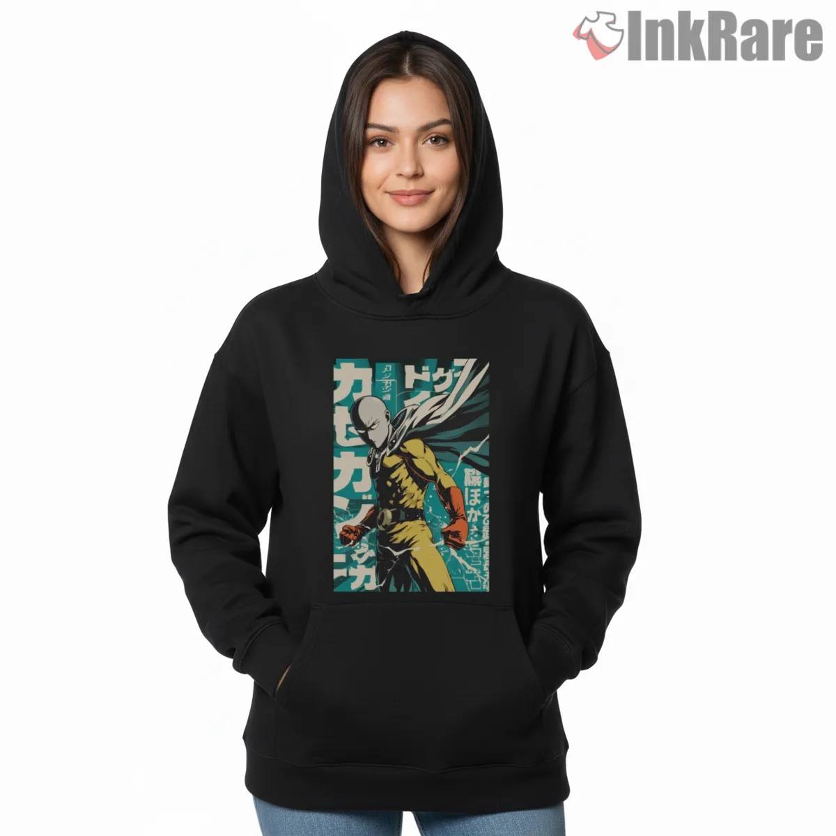 Saitama Vintage Manga Poster Action Shirt on black hoodie for women graphic tee