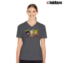 Women’s Saitama Vs Superman Vs Goku Funny Battle V-Neck Tee in charcoal | Chic Neckline, Soft Texture
