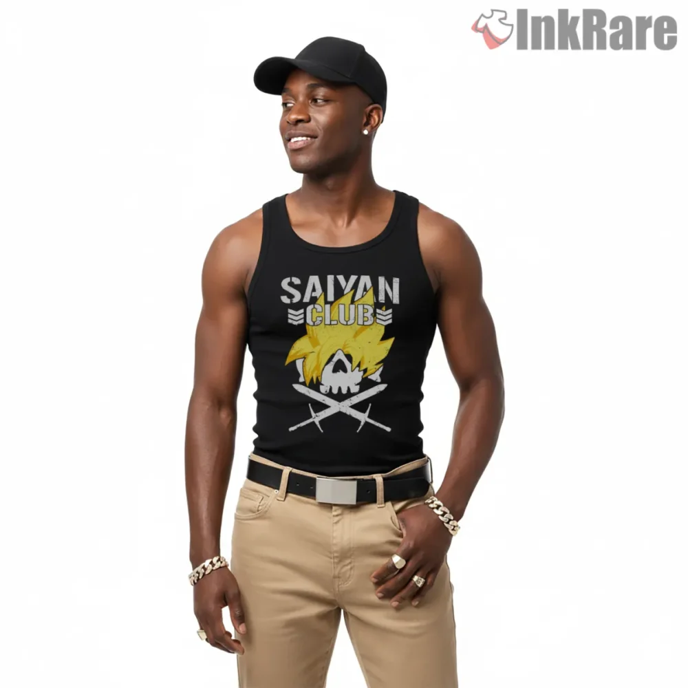 Saiyan Club College Emblem Shirt on black tank top for men graphic tee