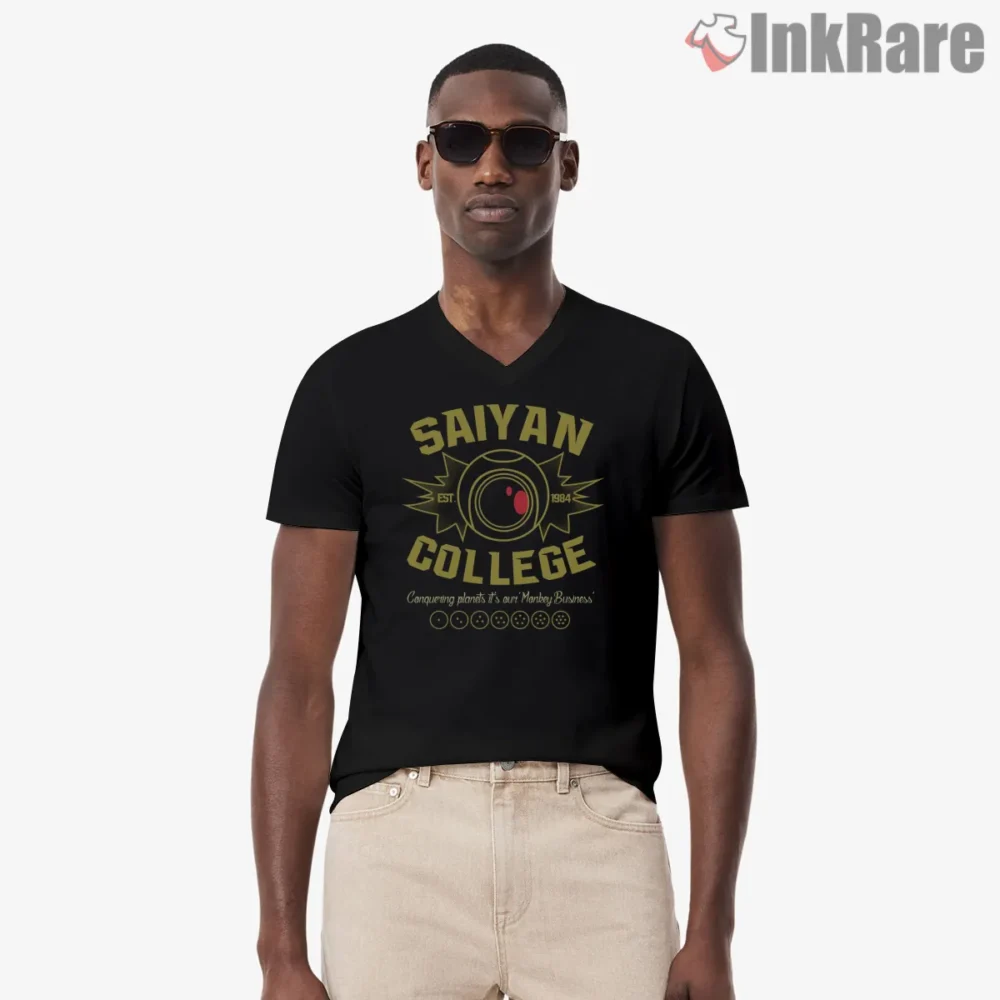 Saiyan College Monkey Business Crest Shirt on black v-neck shirt for men graphic tee