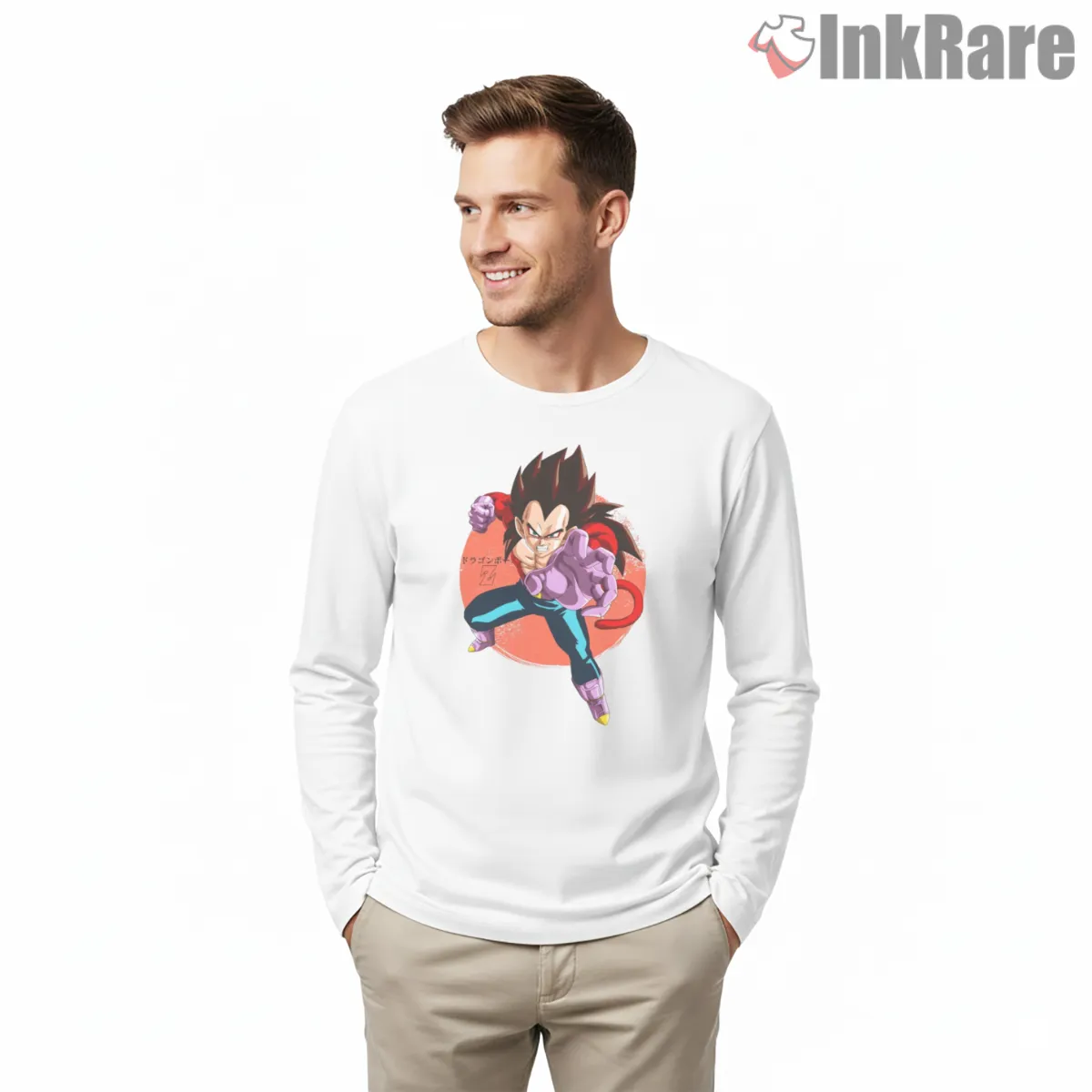 Saiyan Prince Retro Anime Warrior Pose Shirt on white long sleeve shirt for men graphic tee