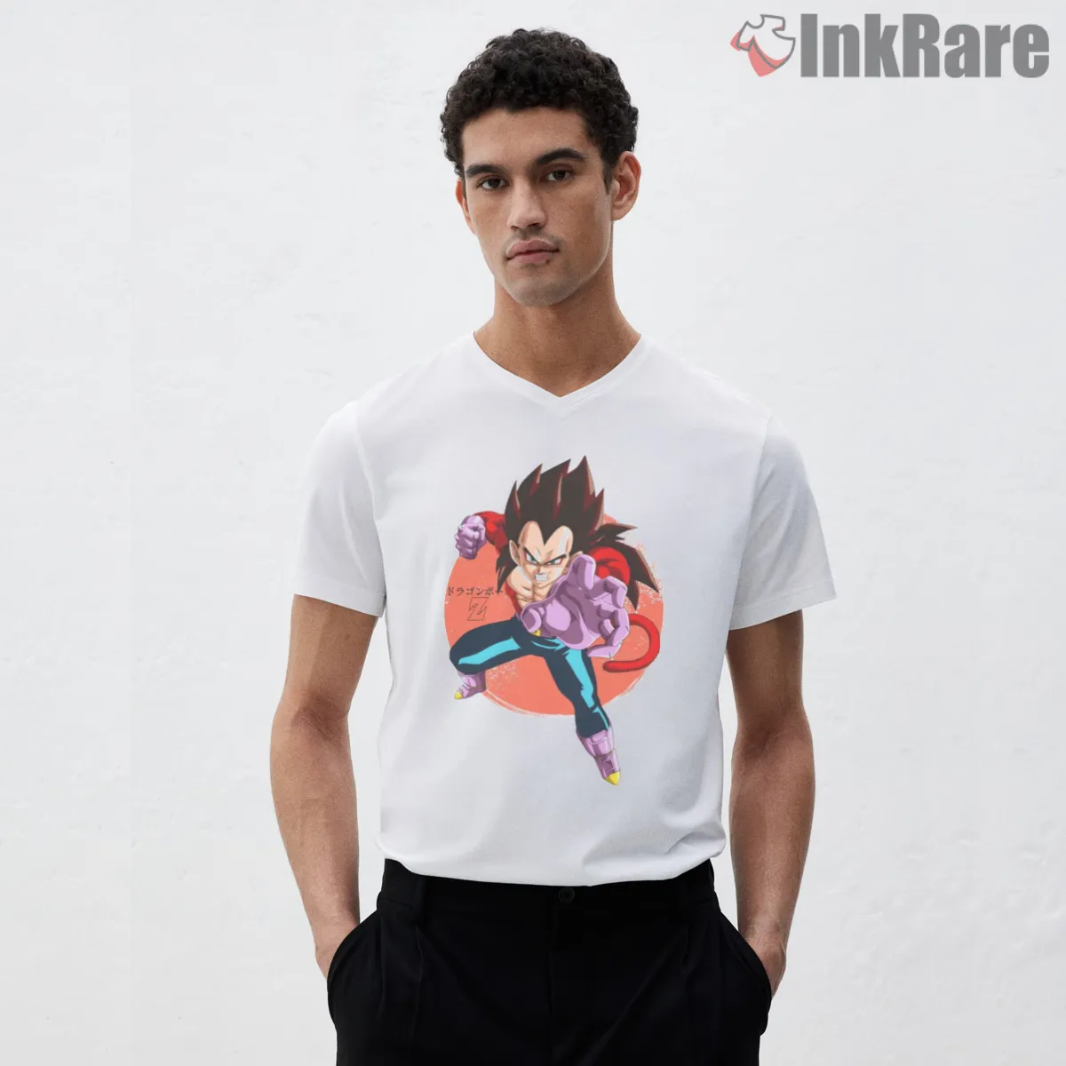 Saiyan Prince Retro Anime Warrior Pose V Neck White Saiyan Prince Retro Anime Warrior Pose Shirt on white v-neck shirt for men graphic tee