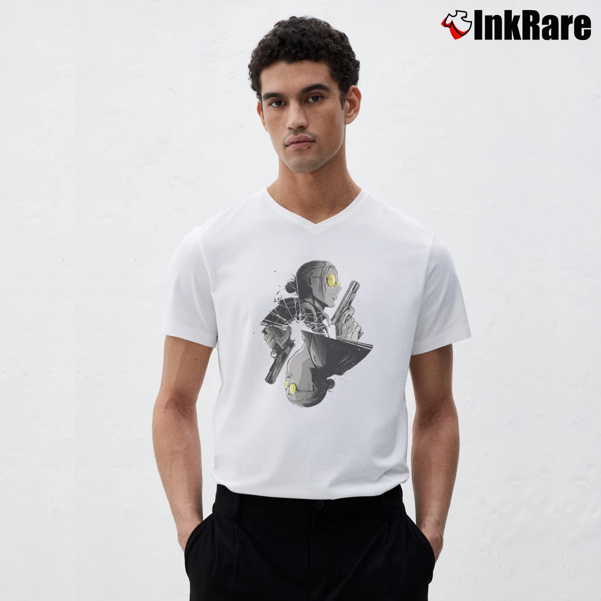 Men’s Sakamoto Days Anime V-Neck Tee in white | Sharp, Breathable, Everyday Staple