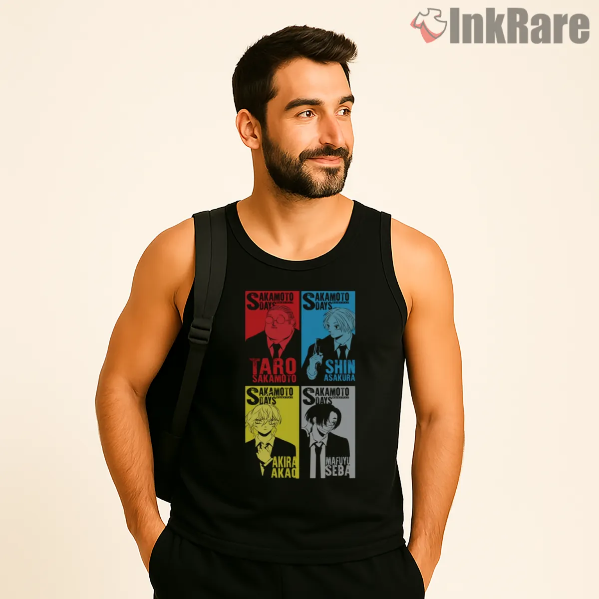 Sakamoto Days Character Grid Poster Anime Shirt on black tank top for men graphic tee