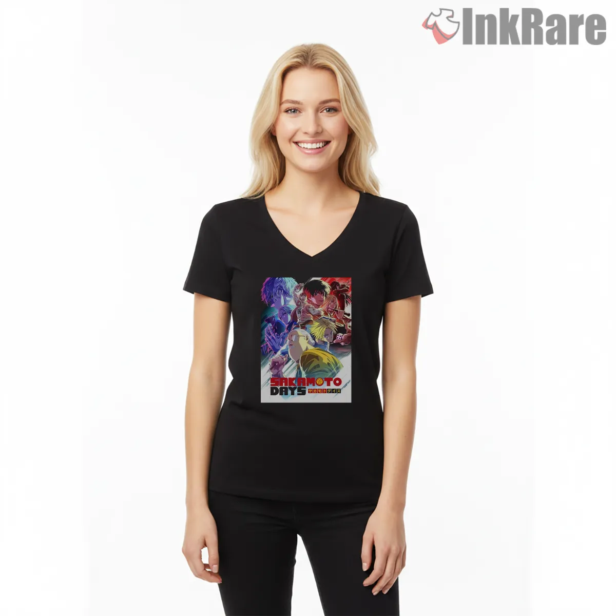 Sakamoto Days Full Cast Dynamic Poster Anime Shirt on black v-neck shirt for women graphic tee