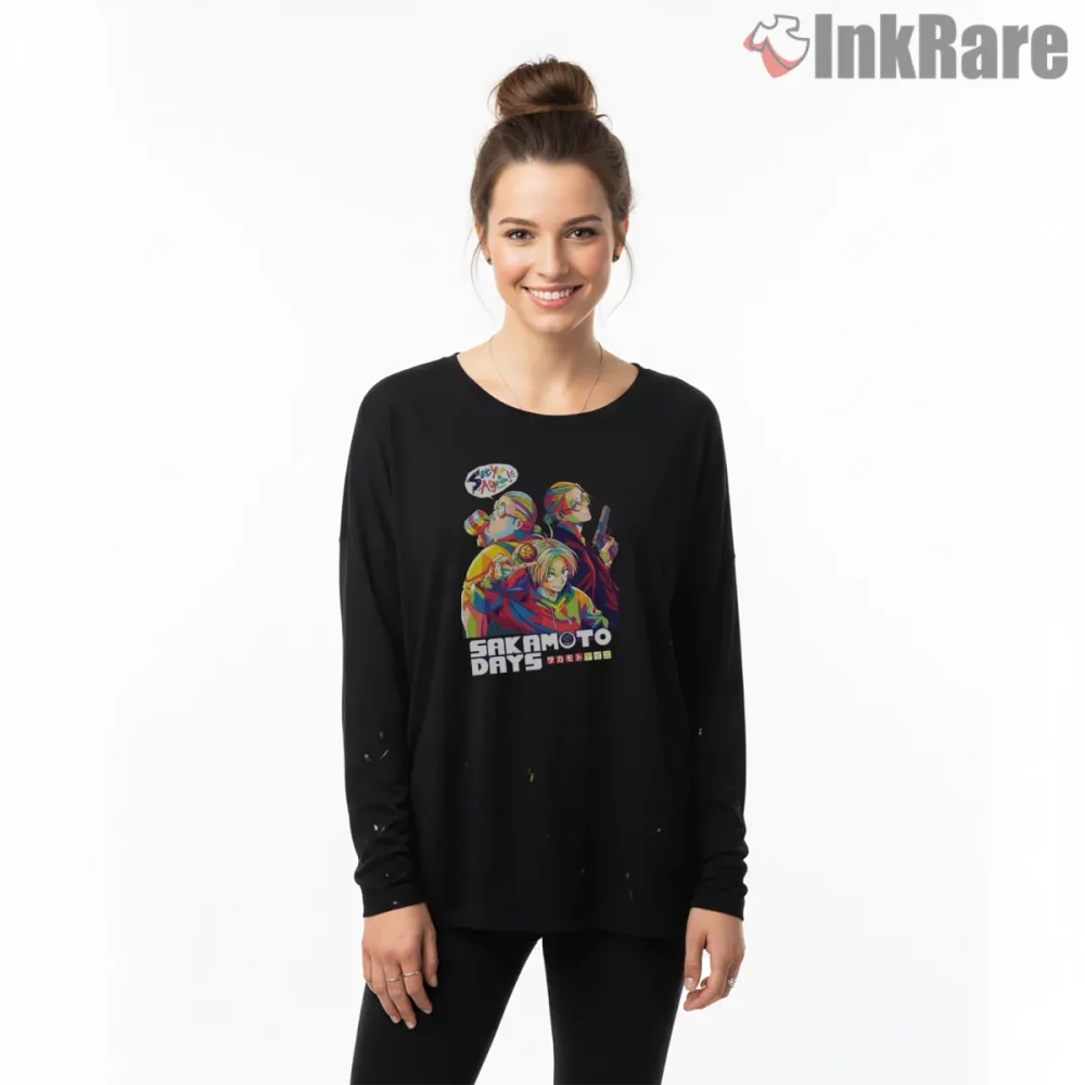 Sakamoto Days Neon Wpap Pop Art Anime Shirt on black long sleeve shirt for women graphic tee