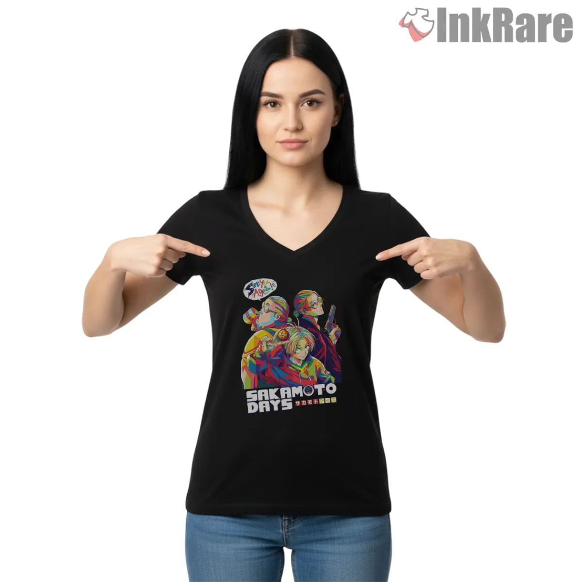 Sakamoto Days Neon Wpap Pop Art Anime Shirt on black v-neck shirt for women graphic tee