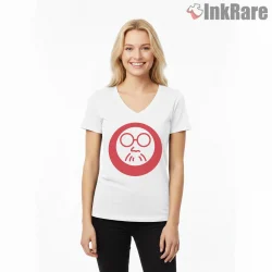 Sakamoto Days Red Circle Minimal Icon Anime Shirt on white v-neck shirt for women graphic tee