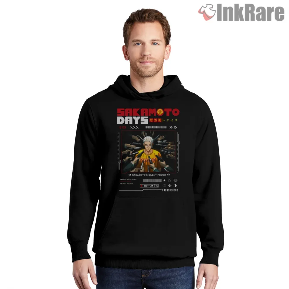 Sakamoto Silent Power Weapon Halo Minimal Anime Shirt on black hoodie for men graphic tee